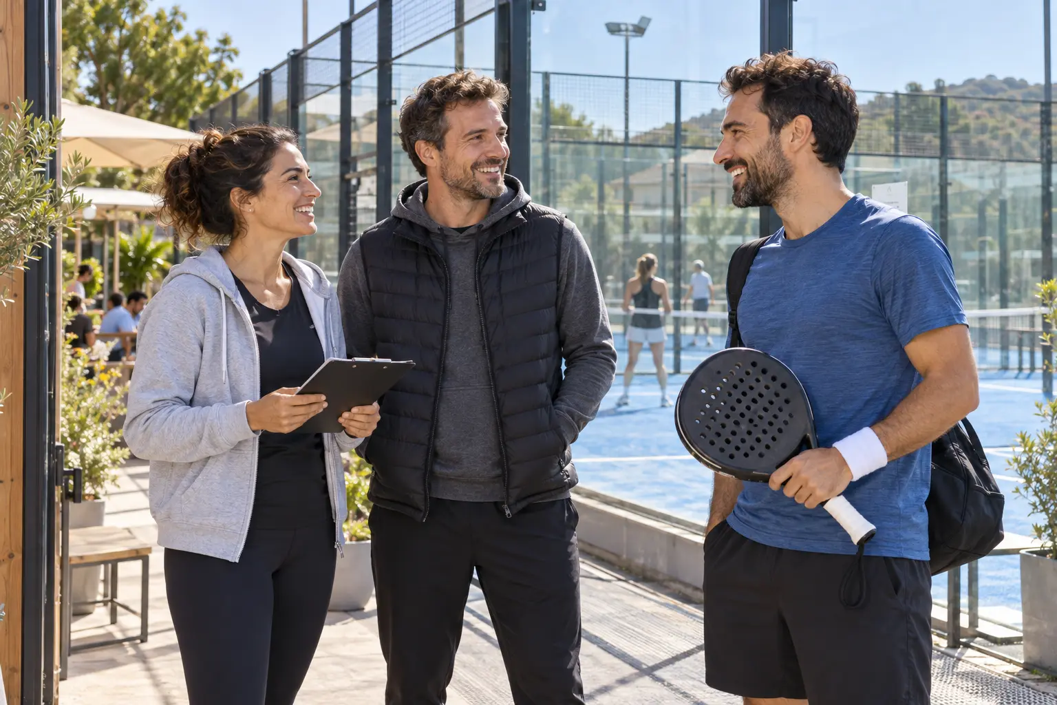 Organisatoren und ein Spieler im Padel-Club · KI-generierte illustrative Bilder